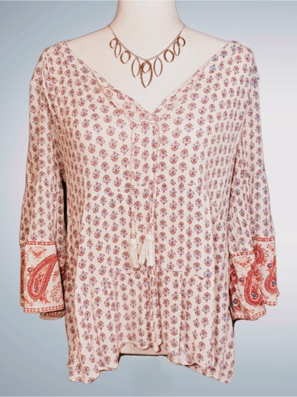 American Eagle Outfitters Boho Cream Tunic with Red and Blue Paisley Print
